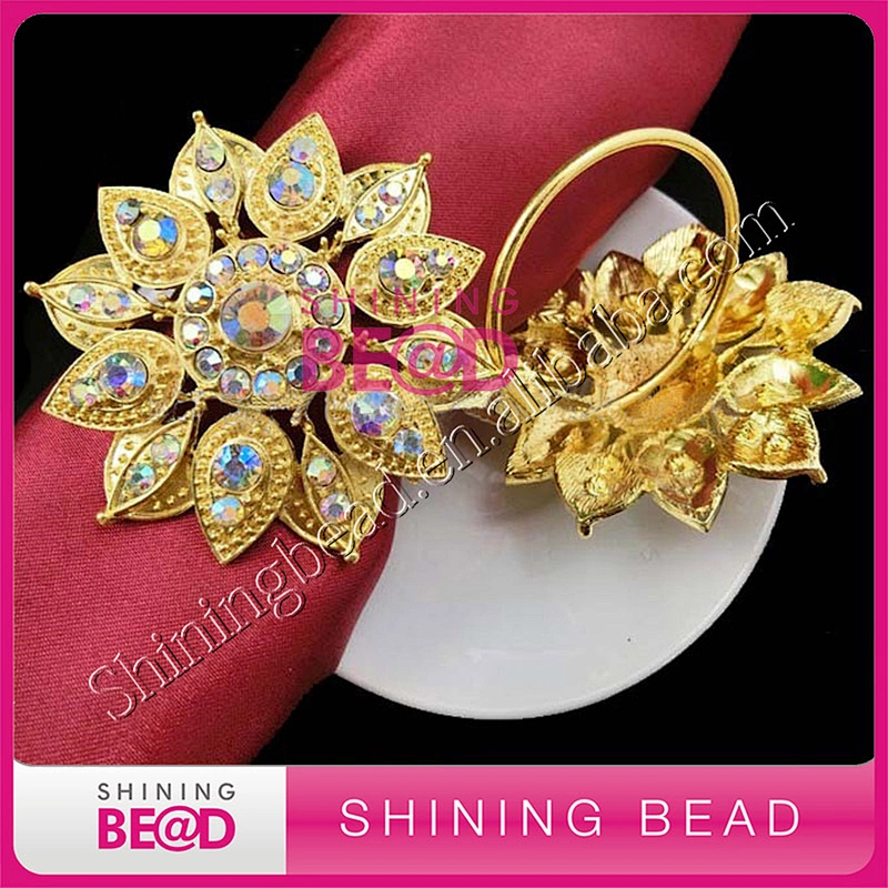 AB color Gold Flower Rhinestone Napkin Ring For Wedding Dinner Table Decoration