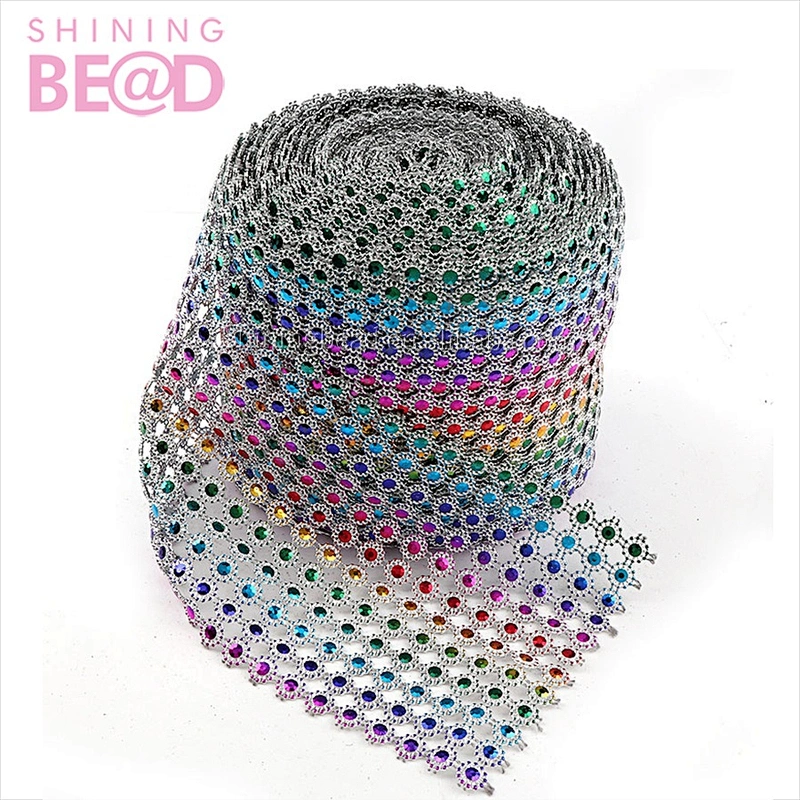 Plum flower 12 Rows Rainbow 10mm Rhinestone Mesh Trim Plastic Wrap for Craft