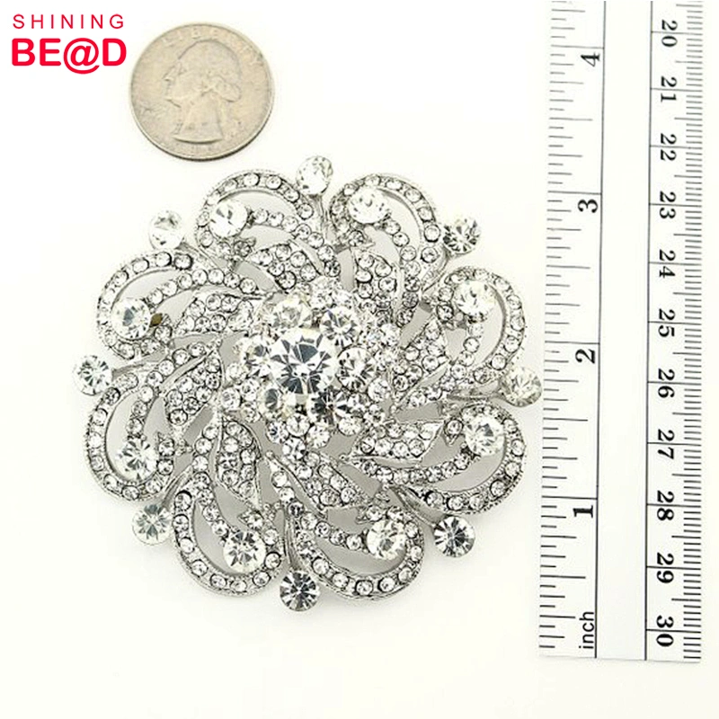 Silver Large Round Crystal Rhinestone Brooch Pins For Bridal Wedding and Cake Decoration