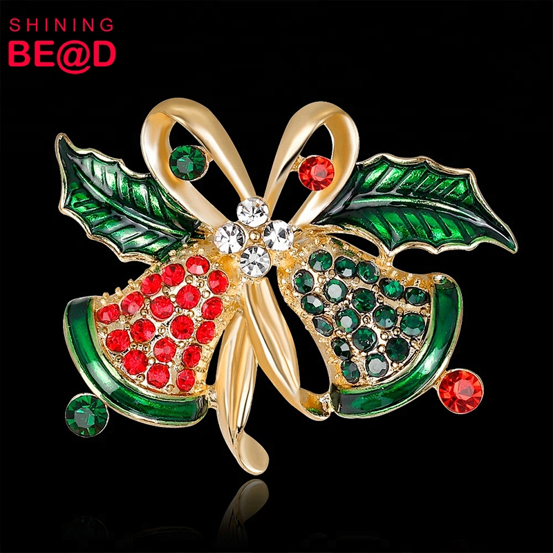 2018 Hot sale enamel green and red rhinestone Christmas Bell Brooch