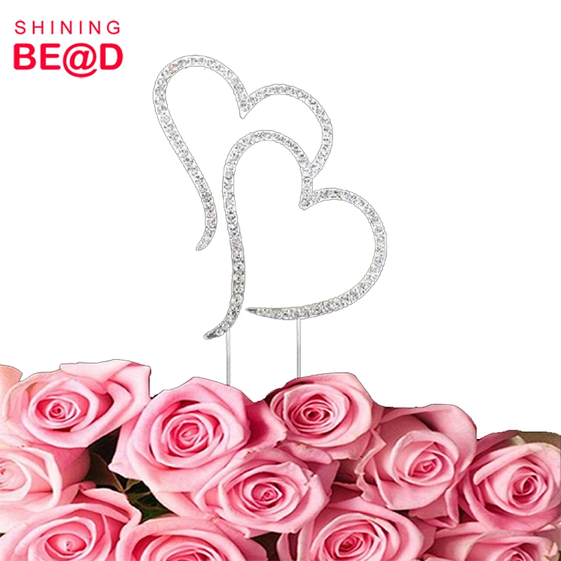 High Quality Romantic Double Heart Crystal Rhinestone Cake Topper