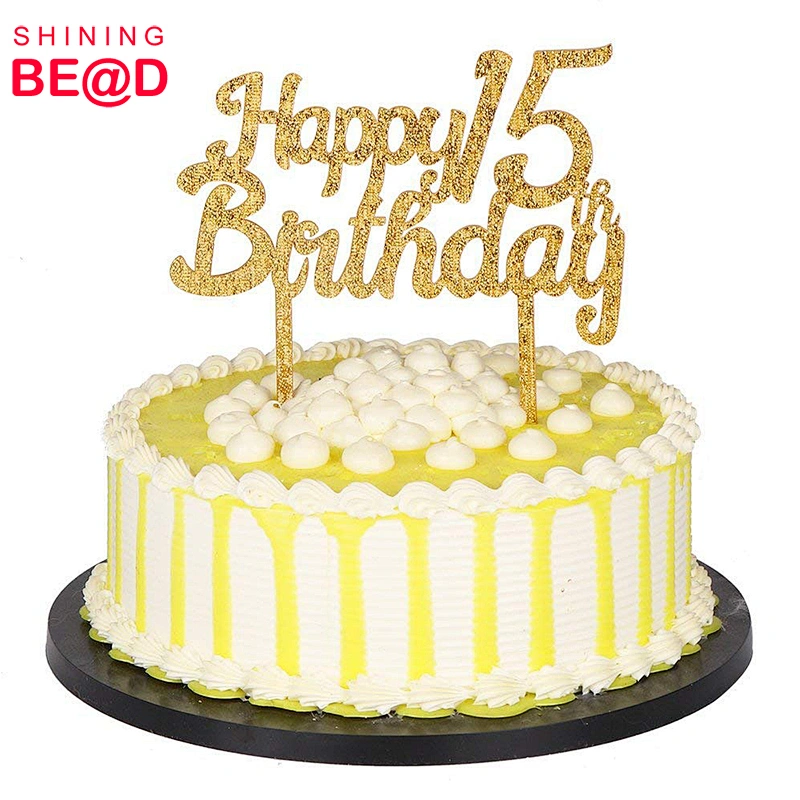 High quality cloth gold acrylic happy birthday 15th cake toppers