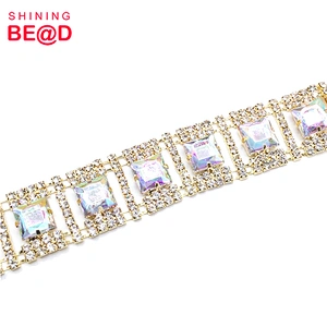 High Quality Gold-plated Crystal AB Acrylic Rhinestone Trim Chain For Clothes Decoration,Rhinestone Bridal Trimmings Chain