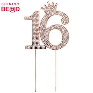 Hot Sale Rose Gold Metal Number 16 Rhinestone Princess Crown Monogram Cake Topper For Sweet 16th Birthday Party