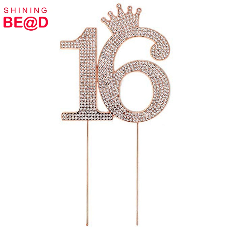 Hot Sale Rose Gold Metal Number 16 Rhinestone Princess Crown Monogram Cake Topper For Sweet 16th Birthday Party