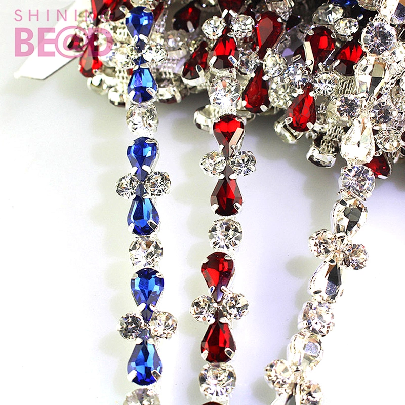 Colorful drop rhinestone trim drop shape glass crystal silver chain for bridal decoration clothing shoe accessories