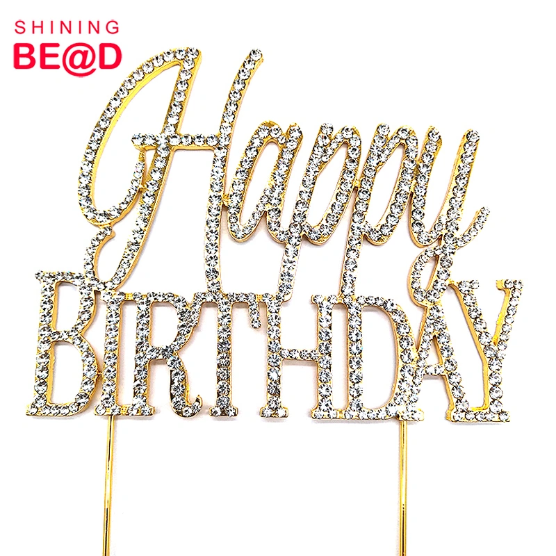 Wholesale High Quality Happy Birthday Rhinestone Cake Topper For Party Decoration,Happy Birthday Cake Topper Gold