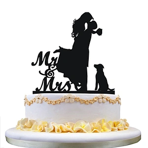 Family Wedding Cake Topper Monogram Acrylic Cake Topper -Bride and Groom with Dog Pet