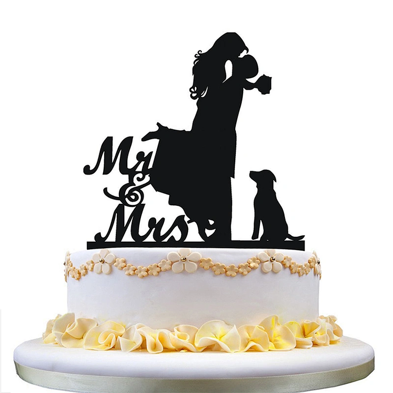 Family Wedding Cake Topper Monogram Acrylic Cake Topper -Bride and Groom with Dog Pet