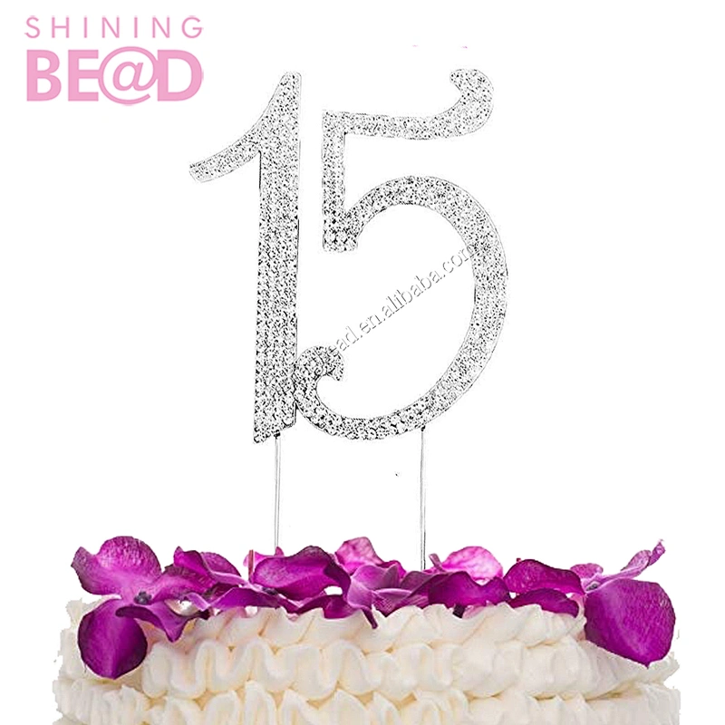 Bling Crystal number 15 Rhinestone Wedding Cake Topper Gold Plating Birthday Cake Decoration