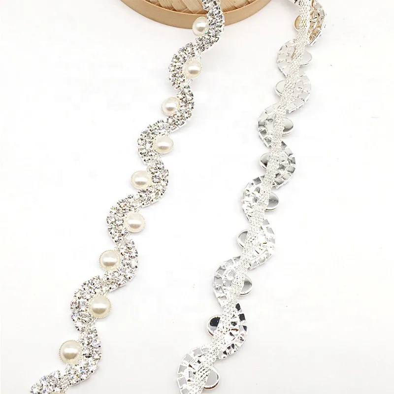 2021 Wave-shaped DIY Sew On Silver-plated Pearl Rhinestone Trim For Clothes Decoration,Rhinestone Trimming On Roll