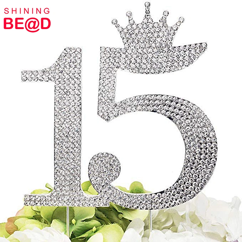 Number 15 Silver Plated Quinceanera Rhinestone Princess Crown Monogram Cake Topper For Sweet 15th Birthday Party