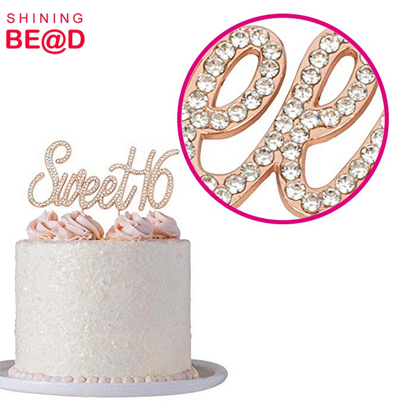 Sparkly Bling Crystal Diamond Rhinestone Rose Gold Sweet 16 Rhinestone Cake Topper For 16th Birthday Party Decoration