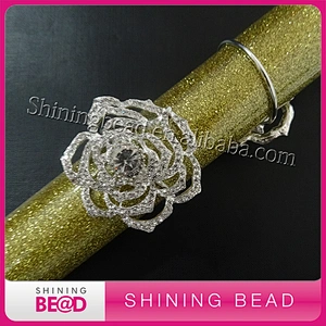 Bling Silver Plated Rhinestone Beaded Rose Flower Napkin Ring Buckle Holder For Wedding Table Deco