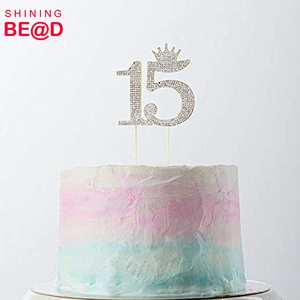 Number 15 Gold Plated Quinceanera Rhinestone Princess Crown Monogram Cake Topper For Sweet 15th Birthday Party