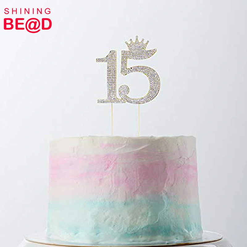 Number 15 Gold Plated Quinceanera Rhinestone Princess Crown Monogram Cake Topper For Sweet 15th Birthday Party