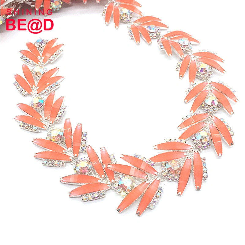Wholesale Fashion Silver Plated Orange Resin Acrylic Rhinestone Trim For Clothes Decoration,Rhinestone Trim Applique