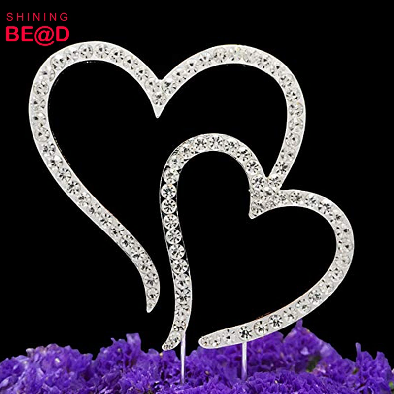 Double Hearts One Love Rhinestone Cake Topper Decoration Silver Plated For Wedding Engagement Anniversary