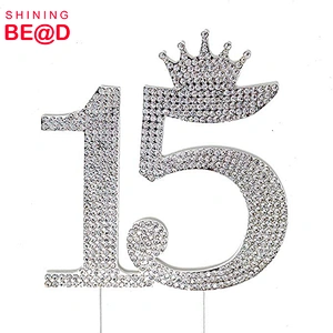 Number 15 Silver Plated Quinceanera Rhinestone Princess Crown Monogram Cake Topper For Sweet 15th Birthday Party