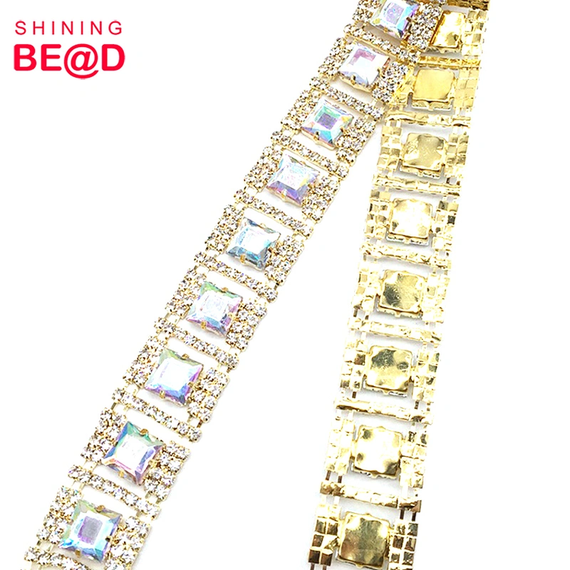 High Quality Gold-plated Crystal AB Acrylic Rhinestone Trim Chain For Clothes Decoration,Rhinestone Bridal Trimmings Chain