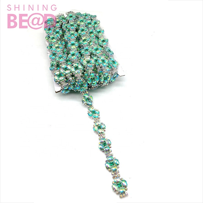 Popular AB resin crystal chain green trimming  rhinestone metal applique for custom cloth bag