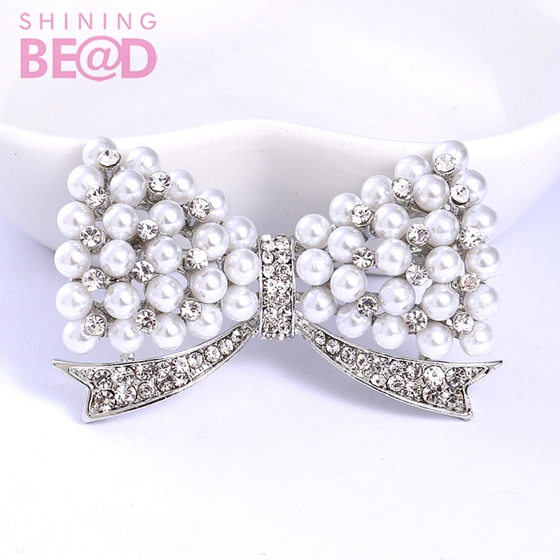 Rhinestone Crystal Bowknot Label Pearl Silver Plated Flower Brooches for Women Men Wedding Bridal Party