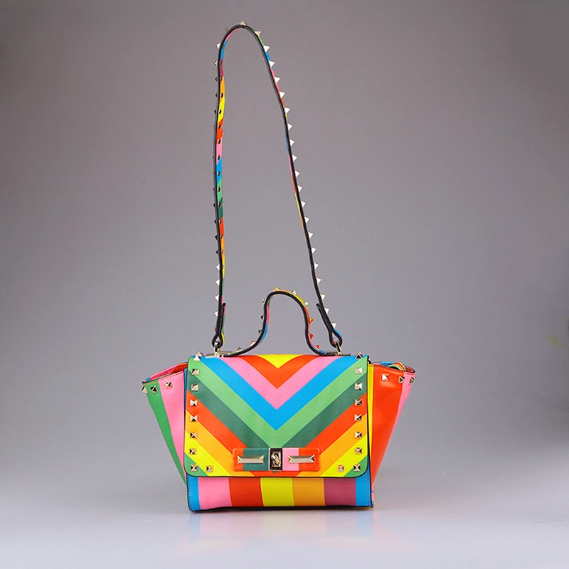3759 Wholesale China Fashion beautiful rainbow printing high quality ladies PU leather mini satchel bags