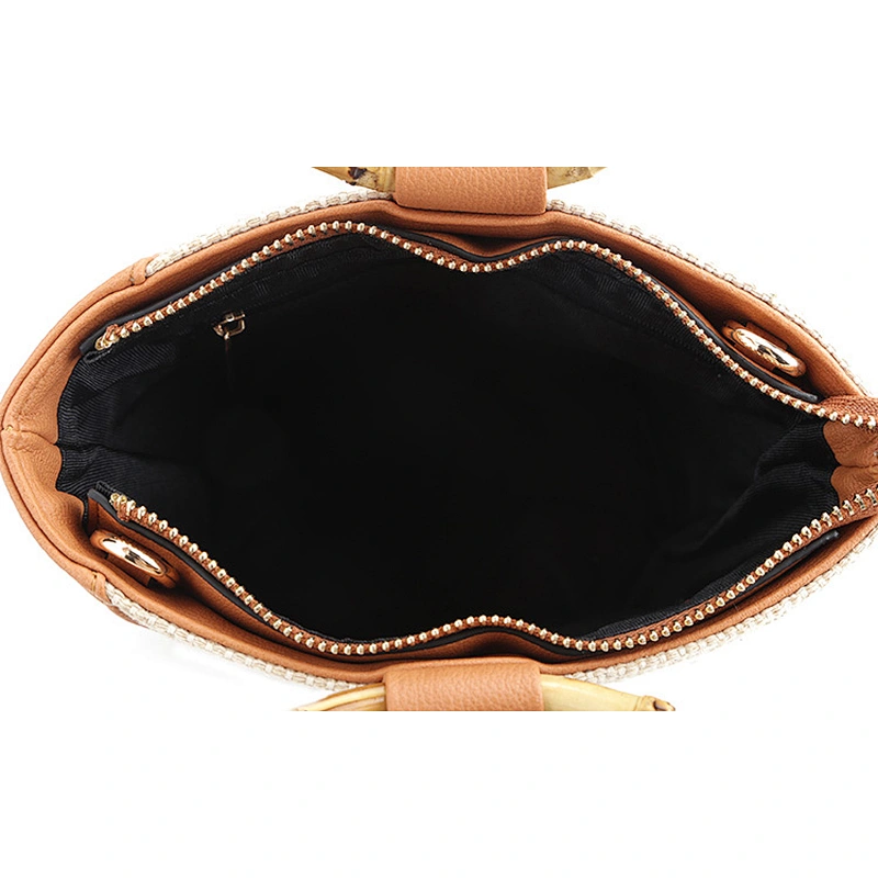 #10679 2020SS latest develop wholesale bamboo top handle linen PU original leather handbags for women
