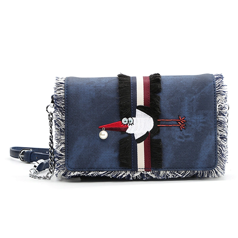 8541 2018 fringes design with cute embroidery and stripe webbing unique denim cross body shoulder bag