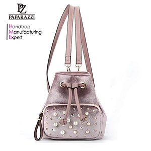 Unique velvet original design NO. 7451 2018 purple color fashion elegance young lady bucket bag best drawstring closure backpack