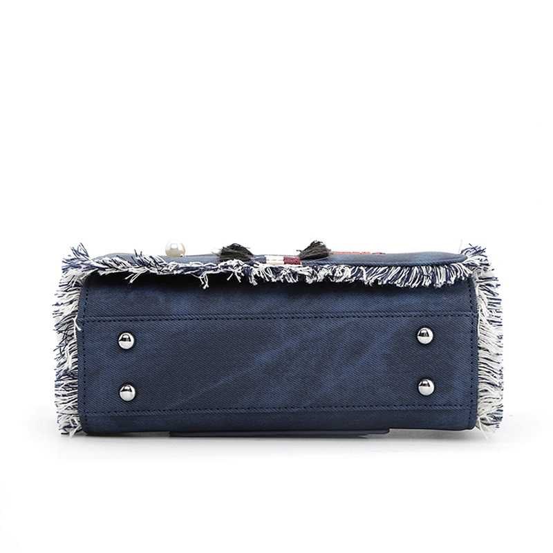8541 2018 fringes design with cute embroidery and stripe webbing unique denim cross body shoulder bag