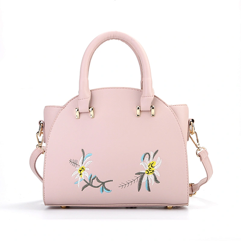 7392 Trendy flower embroidery with blue pink top quality pu leather lady satchel bag design