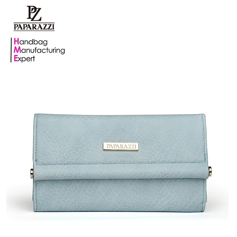 5032-Ladies fashion light blue metal plate flap PU wallets