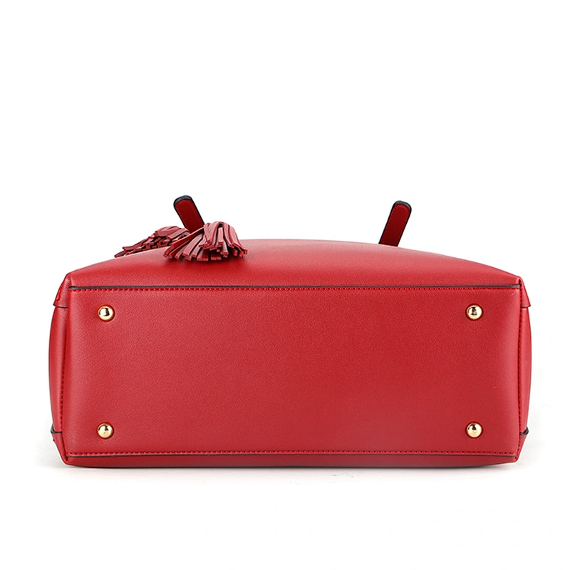 BSCI approval manufacturer ladies handbag double side synthetic leather tote bag with tassel in red 8688