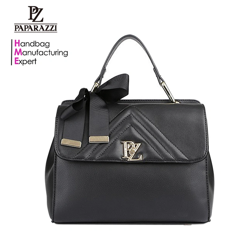 6568 Wholesale Black Quiled PU handbag Women Satchel Bag with Ribbon