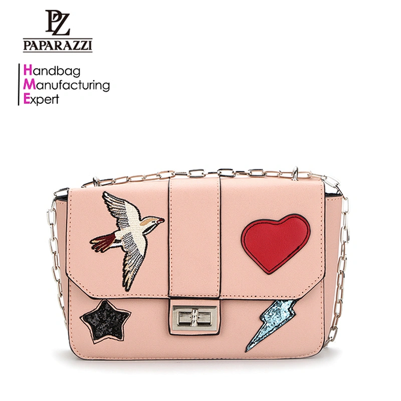 9055-New fashion embroidery and patch metal chain shoulder bags