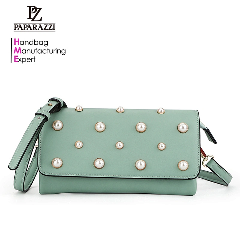 7452 Paparazzi new arrival fashion design high quality decorative pearls PU leather lady handbag
