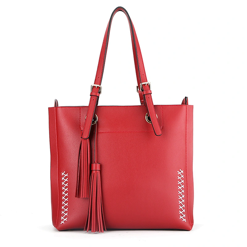 BSCI approval manufacturer ladies handbag double side synthetic leather tote bag with tassel in red 8688