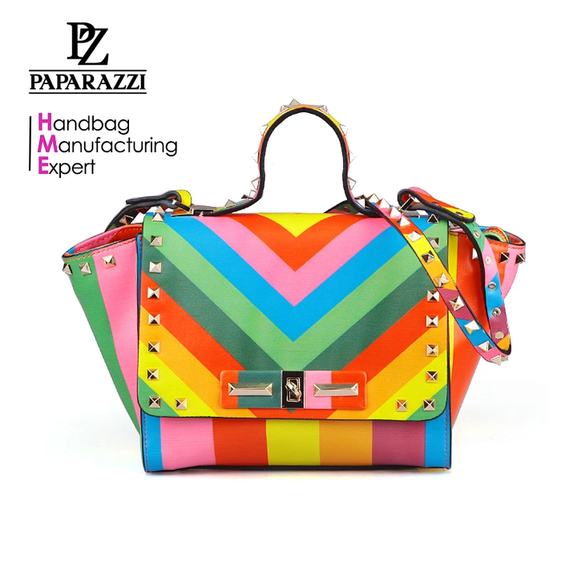 3759 Wholesale China Fashion beautiful rainbow printing high quality ladies PU leather mini satchel bags