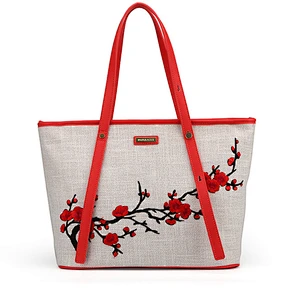 7004 Newest slim designer handbag fashion embroidering Linen shopper bag for ladies