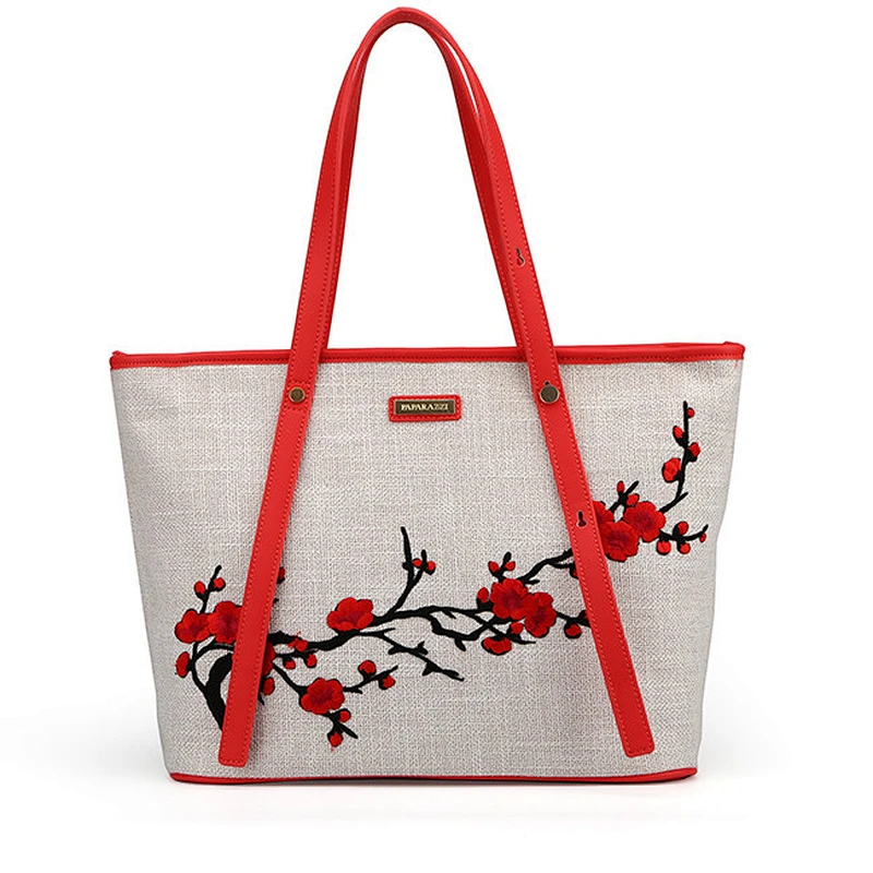 7004 Newest slim designer handbag fashion embroidering Linen shopper bag for ladies