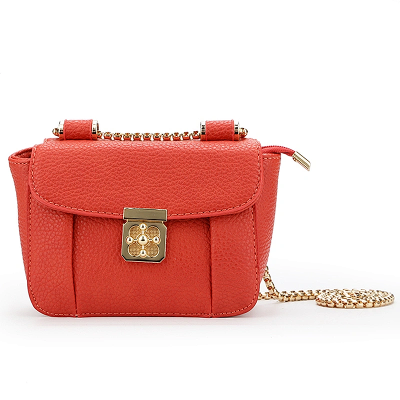 7090 High quality Orange PU leather with metal chain shoulder bag design