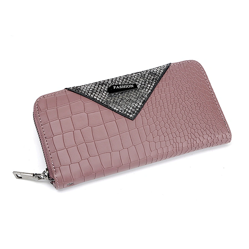 7050-Nude color black resin stone zipper-round crocodile PU wallets