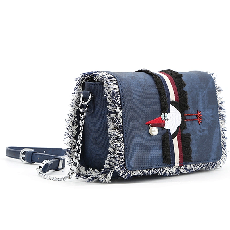 8541 2018 fringes design with cute embroidery and stripe webbing unique denim cross body shoulder bag