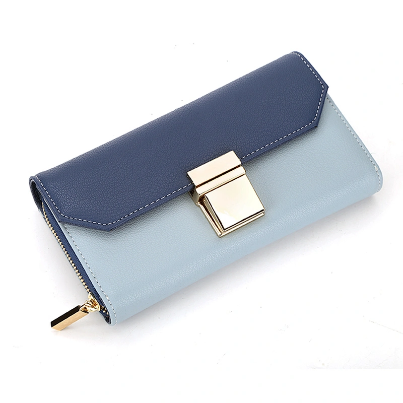 Original 100% genuine leather design wallets NO. 7918 metal lock flap closure fashion contrast color lady leather wallet 2018