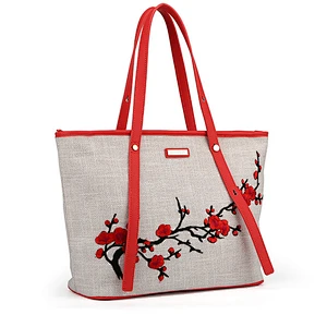 7004 Newest slim designer handbag fashion embroidering Linen shopper bag for ladies