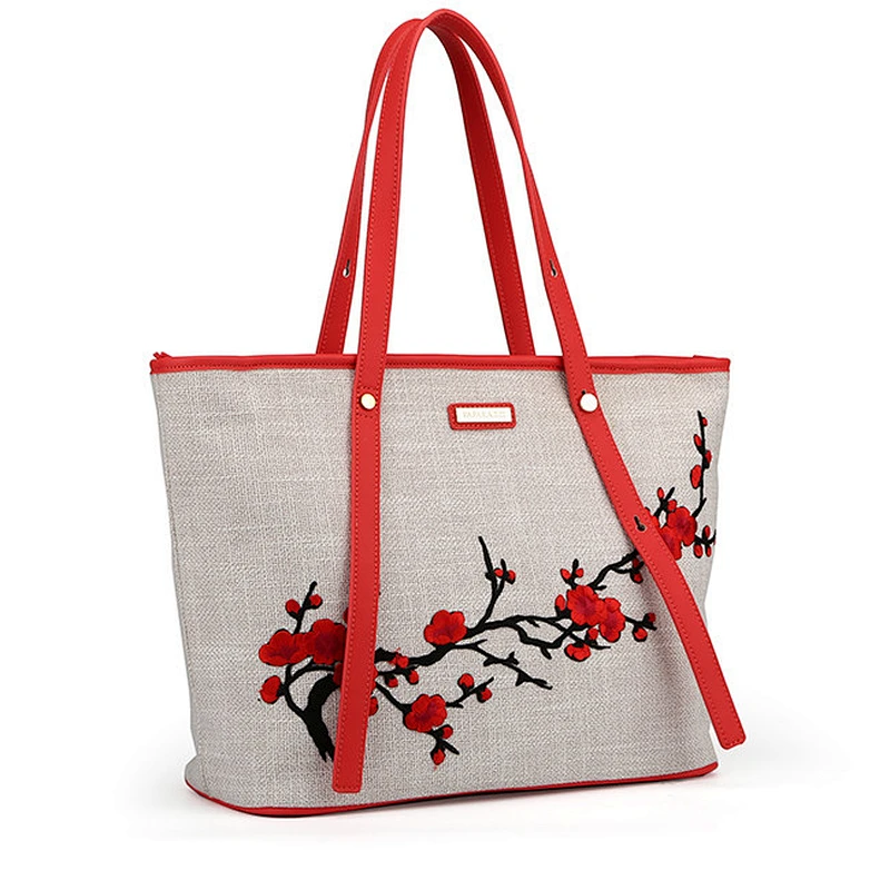 7004 Newest slim designer handbag fashion embroidering Linen shopper bag for ladies