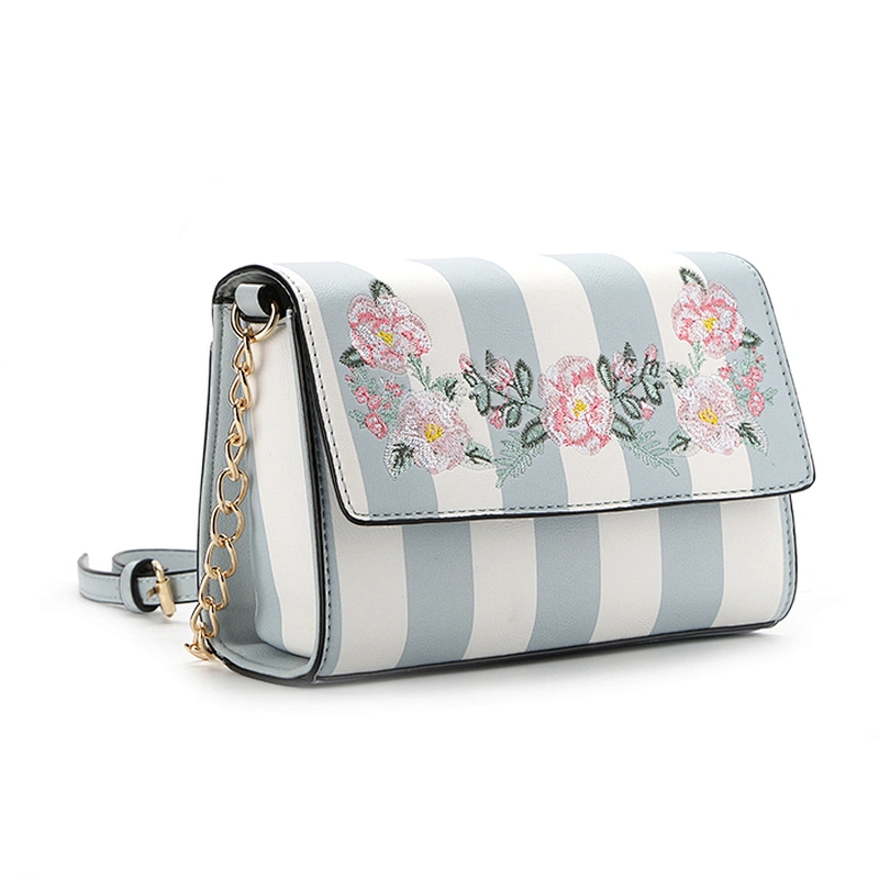 #8678 Fancy design PU leather stripe printing embroidery flower foldable hanging brand cross shoulder bag