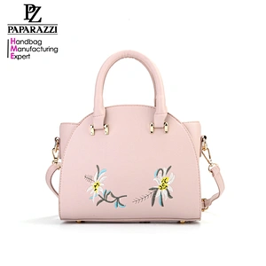 7392 Trendy flower embroidery with blue pink top quality pu leather lady satchel bag design