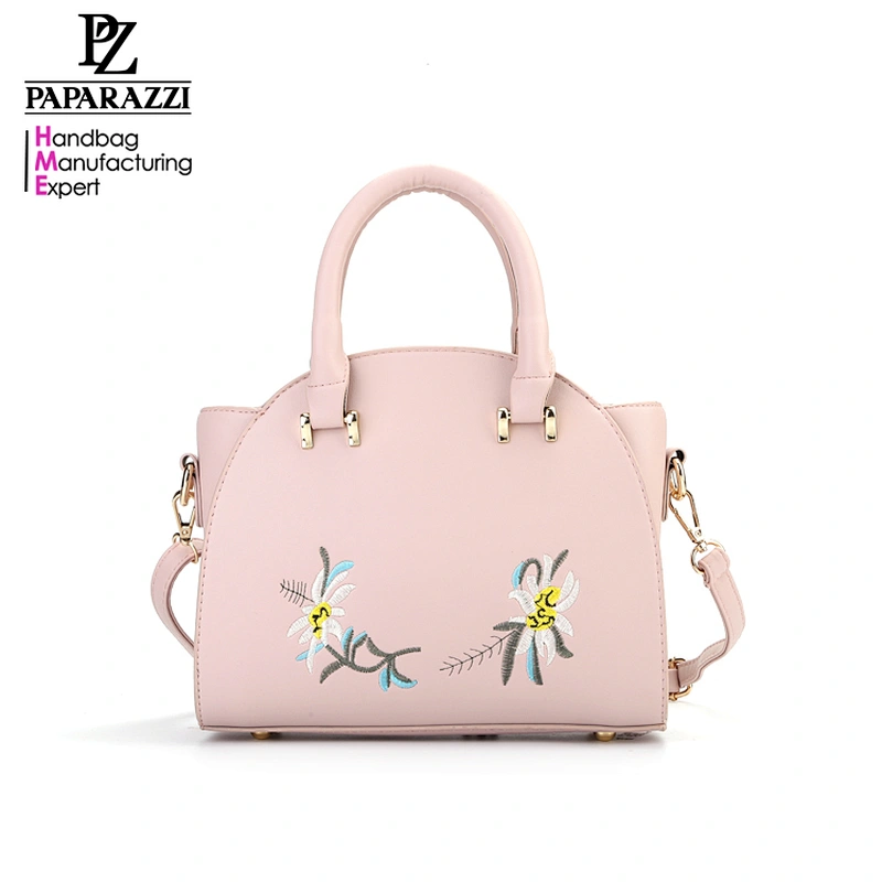 7392 Trendy flower embroidery with blue pink top quality pu leather lady satchel bag design